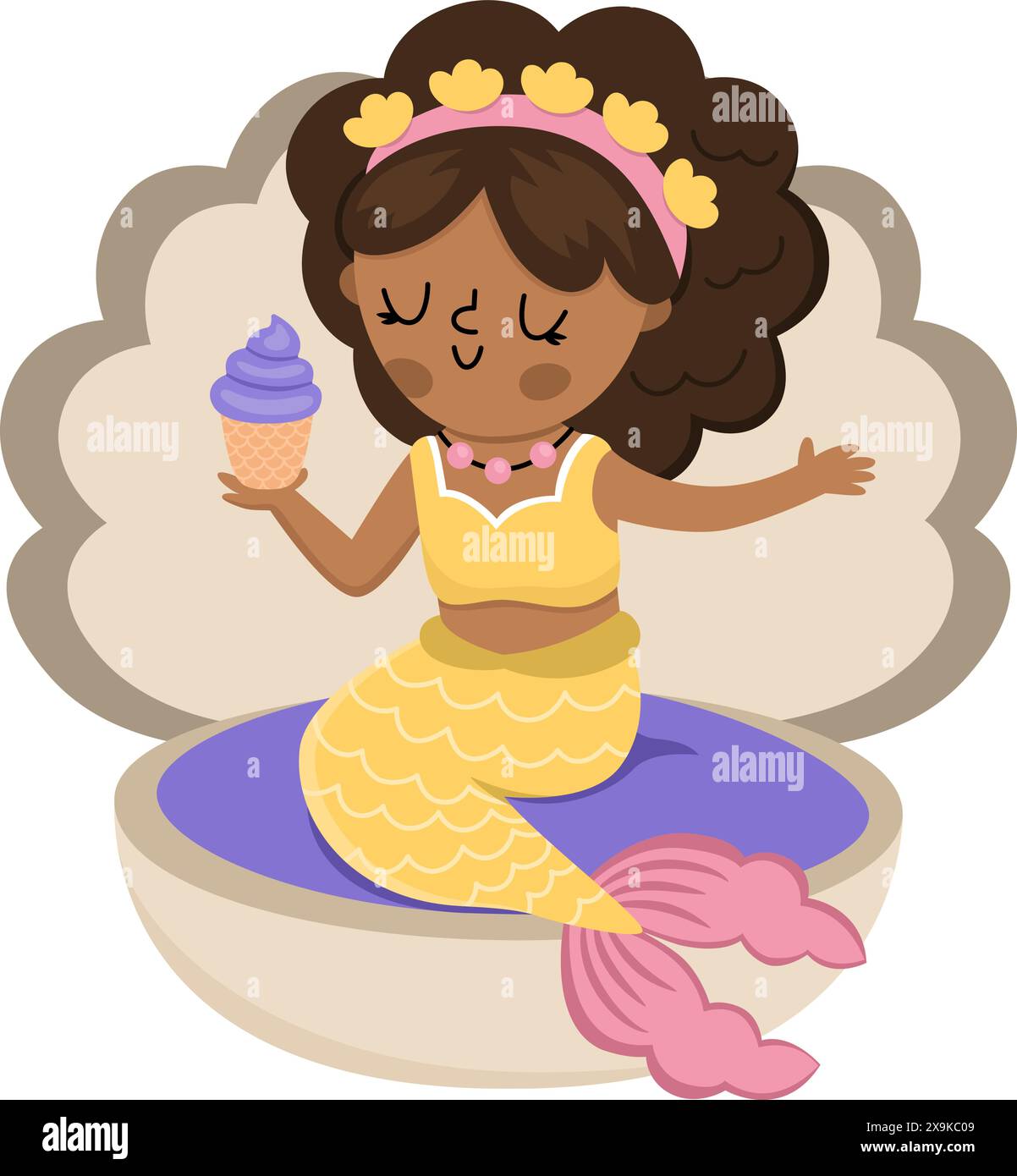 Märchenvektor dunkelhäutige Meerjungfrau sitzt auf einer Muschel und isst Cupcake. Fantasy-Fischmädchen isoliert auf weißem Hintergrund. Märchenhafte Meeresprinzessin. Ausschneiden Stock Vektor