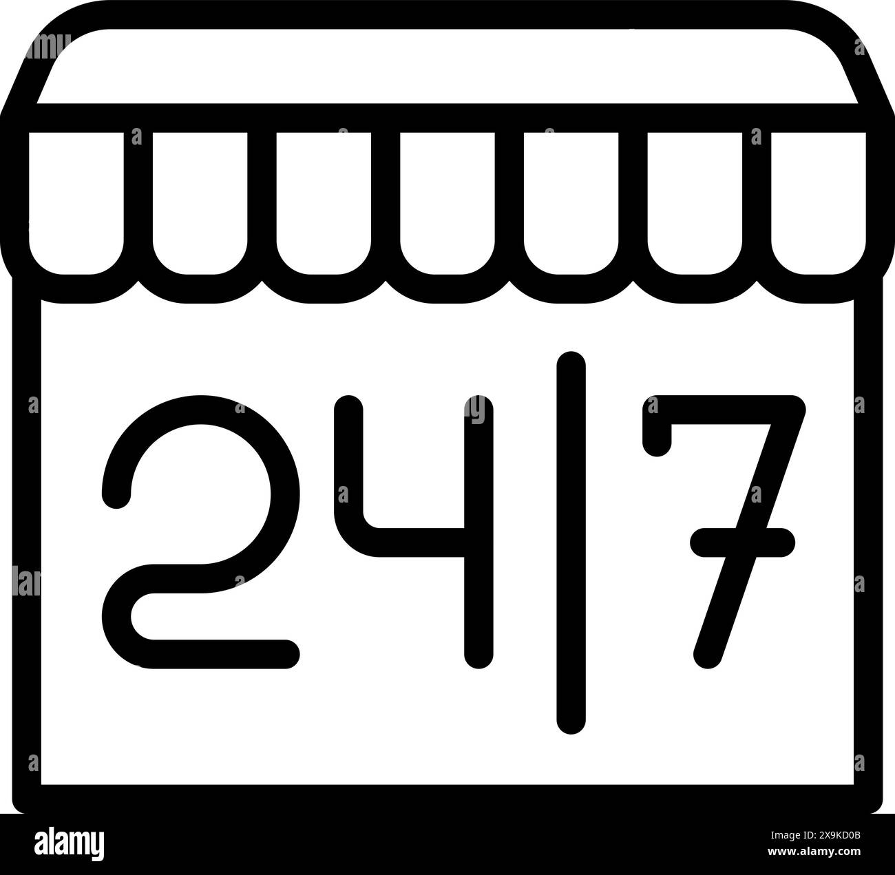 Moderne Illustration der Ikonen in der Ladenfront von 247 in schlichtem Schwarz-weiß-Strichbild, perfekt für Einzelhandel, Geschäfte und Business-Design. Ideal für Infografiken für digitale Märkte und kundenfreundliche Geschäfte Stock Vektor