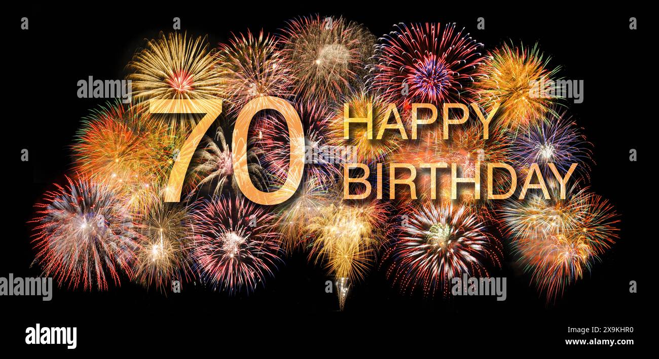 Glückwunsch zum 70. Geburtstag Glückwunschkarte zum 70. Geburtstag mit Feuerwerk, FOTOMONTAGE *** Happy 70th Birthday Grußkarte mit Feuerwerk, FO Stockfoto