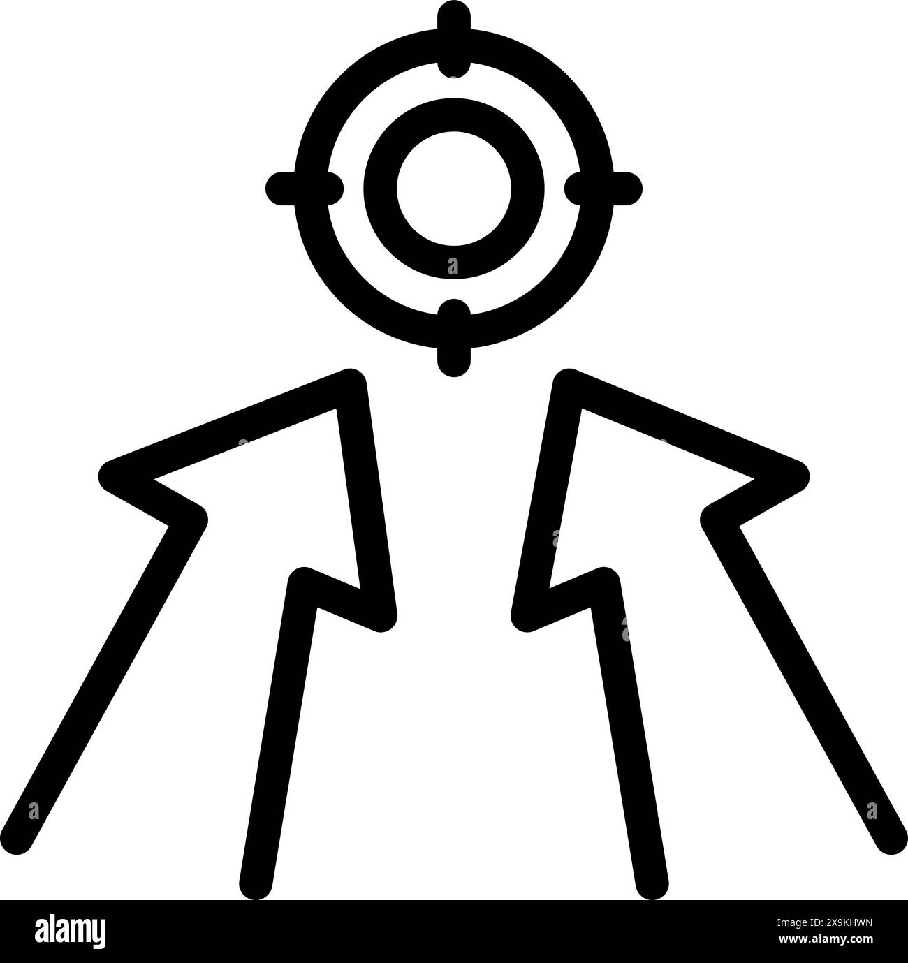 Schwarzes Linien-Symbol mit zwei Pfeilen, die mit einem Zielkreis zusammenlaufen und den Fokus oder das Ziel symbolisieren Stock Vektor