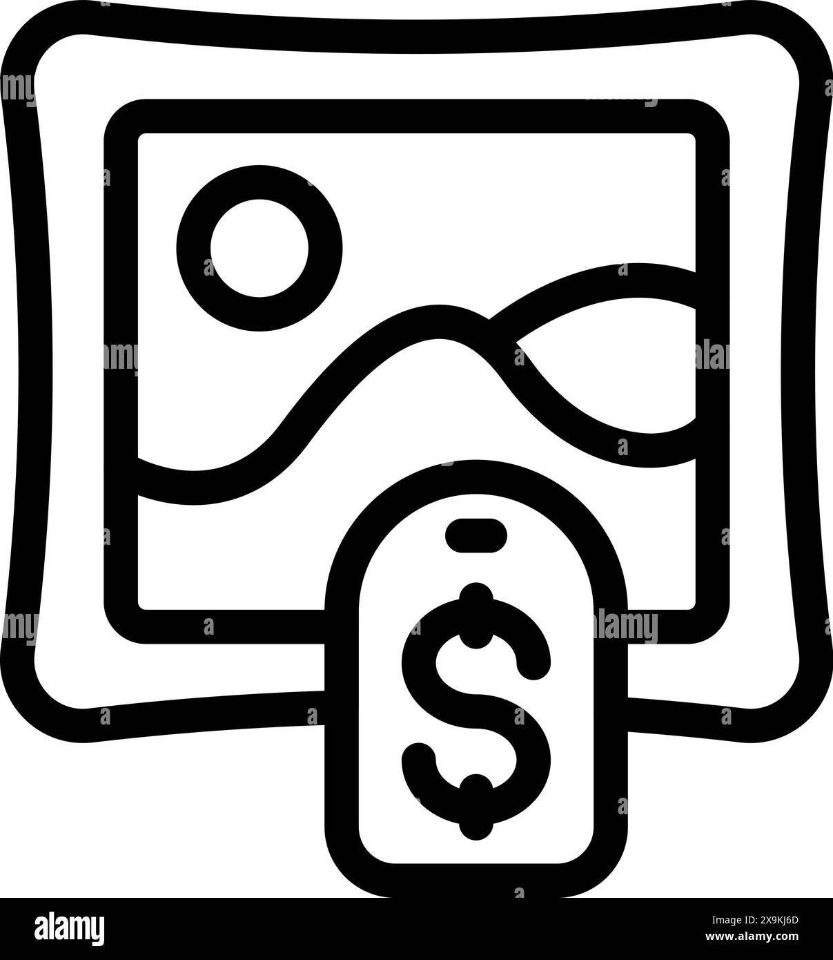 Schwarzes Symbol für ein Bild mit einem Dollarschild, das die Preise oder den Verkauf von Fotos symbolisiert Stock Vektor