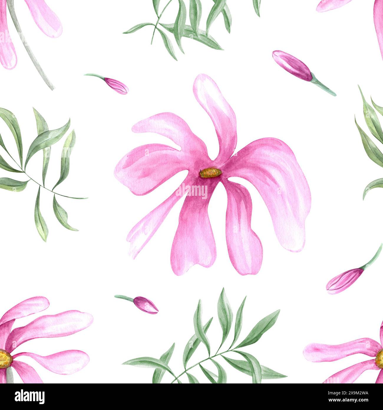 Pinkfarbene, mehrblättrige Blumen und Grün. Das nahtlose Muster empfindlicher Frühlingspflanzen. Grüne Blätter und ungewöhnliche Magnolienblüten. Stockfoto