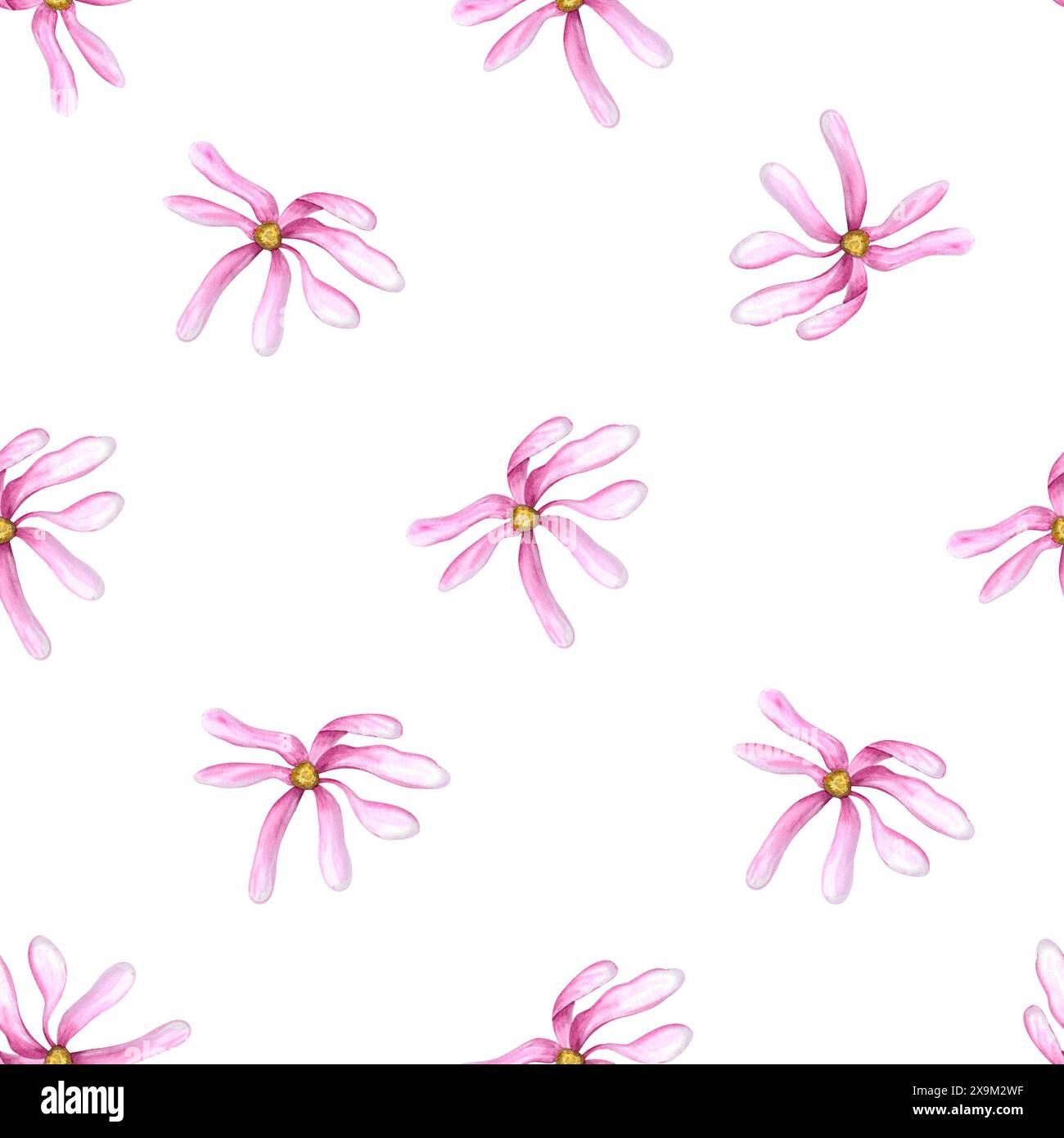 Rosa Magnolienblüten. Gewöhnliches nahtloses Muster von Frühlingsblumenköpfen. Empfindliche Pflanzen. Einfache Blumenverzierung. Aquarellabbildung Stockfoto