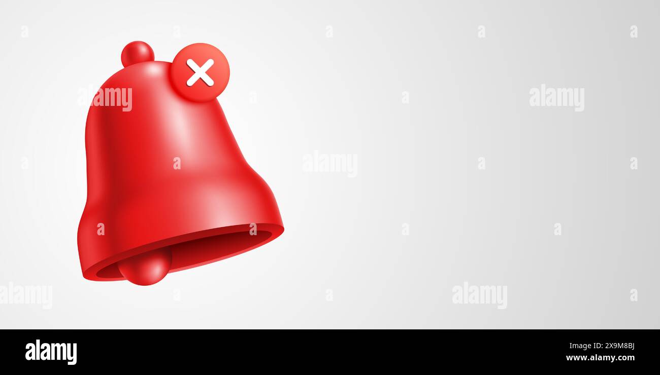 Rote Glocke mit einem X-Symbol-Benachrichtigungsschild, das einen Ablehnungs- oder Alarmstatus auf weißem Hintergrund anzeigt, Vektorbanner mit Kopierraum. Stock Vektor