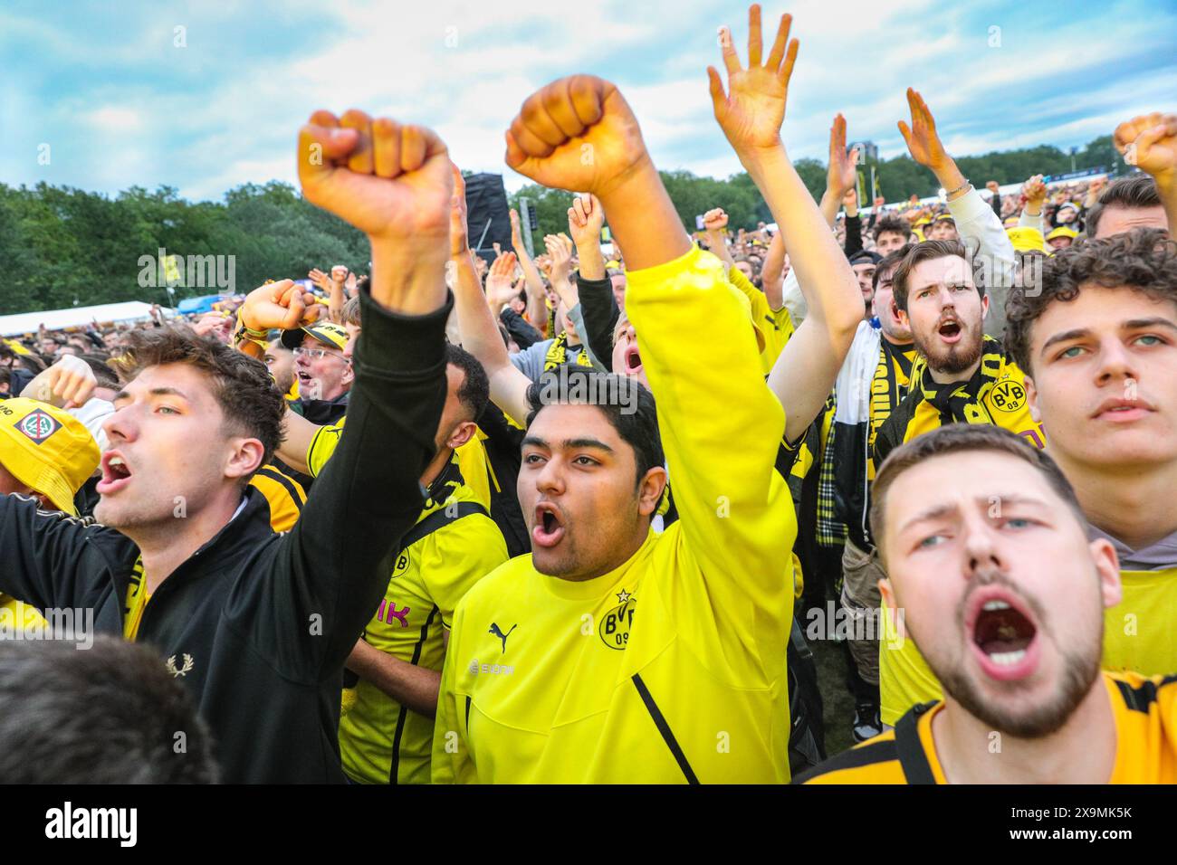 London, Großbritannien. Juni 2024. Die Fans der Borussia Dortmund im Hyde Park Fan Park beobachten das Spiel besorgt und viele enttäuscht über die verpassten Chancen. Farbige Lichter werden in einer Phase beleuchtet, aber die Atmosphäre an der Anlage, die fast ihre Kapazität von 20 km erreicht zu haben scheint, bleibt friedlich. Real Madrid gewinnt das UEFA Champions League-Finale 2-0 gegen Borussia Dortmund. Quelle: Imageplotter/Alamy Live News Stockfoto