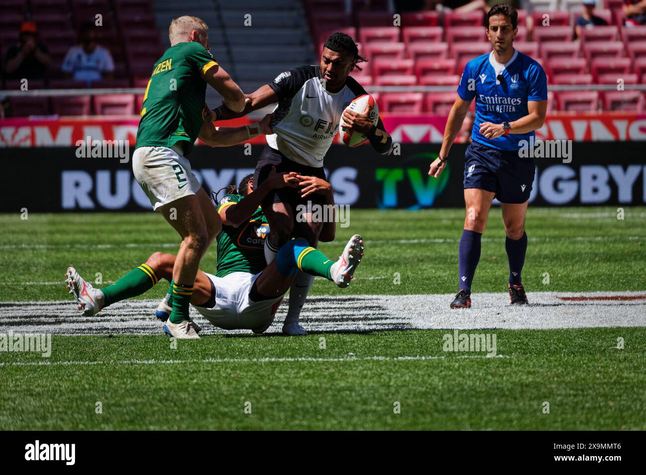 Madrid, Spanien. Juni 2024. Finale der Rugby Sevens Championship 2. Tag. HERREN POOL CHAMPIONSHIP POOL B, Fidschi 7s VS Südafrika 7s. Teams aus aller Welt treten an diesem Wochenende im sehnsüchtig erwarteten Finale der Rugby Sevens Championship an und stellen ihre Geschwindigkeit, ihr Können und ihre Strategie in einem rasanten und aufregenden Turnier unter Beweis. Von den Zuschauern wird erwartet, dass sie die Tribüne füllen und eine elektrische Atmosphäre am Veranstaltungsort schaffen. Quelle: Enriquepsans/Alamy Live News Stockfoto