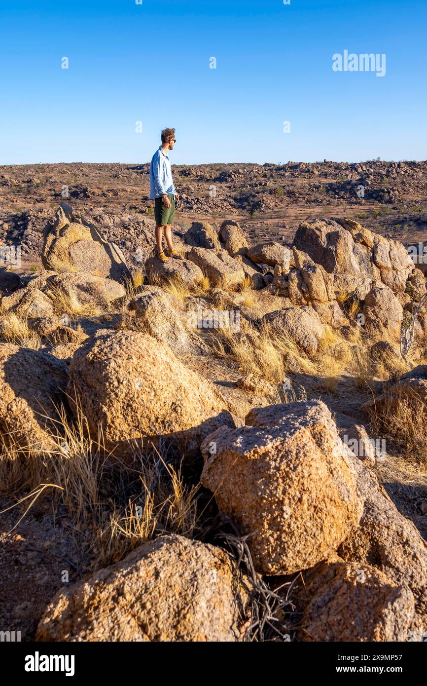 Junger Mann auf Felsen, karge Landschaft mit felsigen Hügeln und Akazienbäumen, afrikanische Savanne im Abendlicht, Hobatere Konzession, Kunene, Namibia Stockfoto