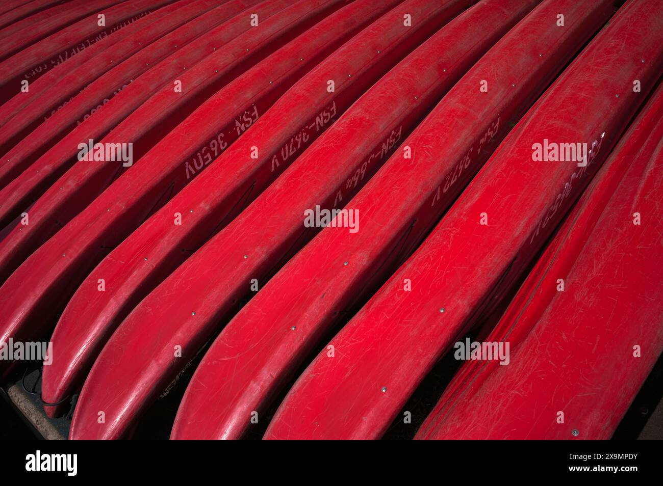 Kanus, rot, am Strand gelegen, Leipziger Stadthafen, Sachsen, Deutschland Stockfoto