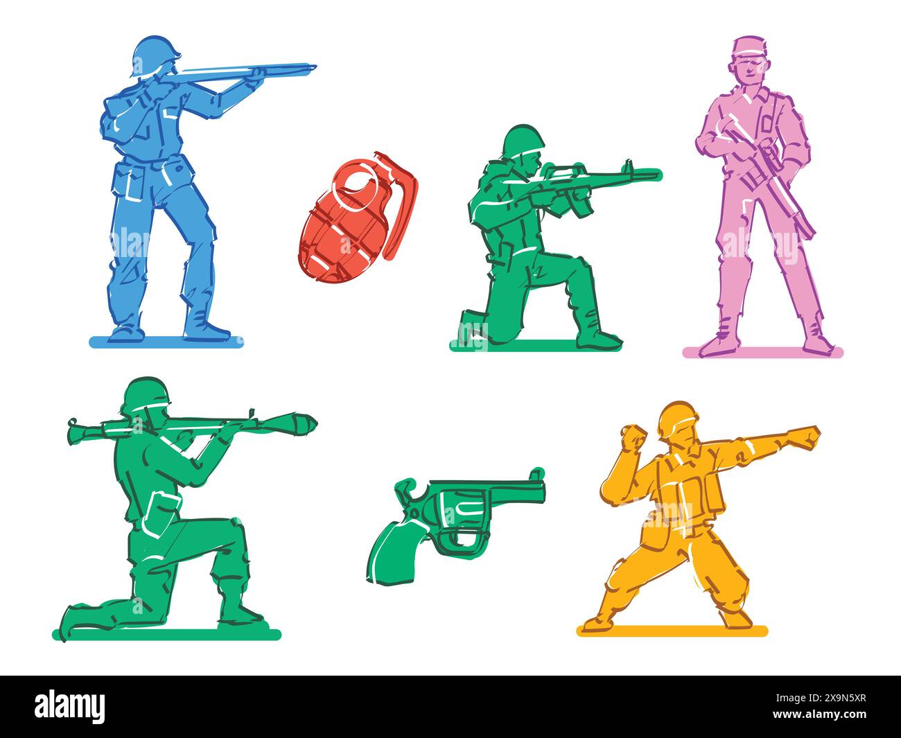 Bunte Spielzeuge Miniaturen Soldat Figurenkollektion Vintage Retro Stil handgezeichnet Zeichentrickfigur Kinderspiel Armee Militär Stock Vektor