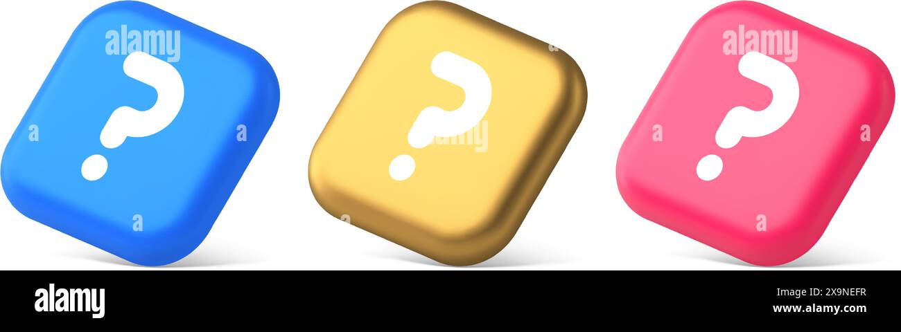 Fragezeichen Schaltfläche Hinweis Achtung Antwort FAQ Punkt Internet Info Support 3D realistische Symbole in Blau Gold und Rosa. Lösungshilfe Informationen zur Ideenhilfe Stock Vektor