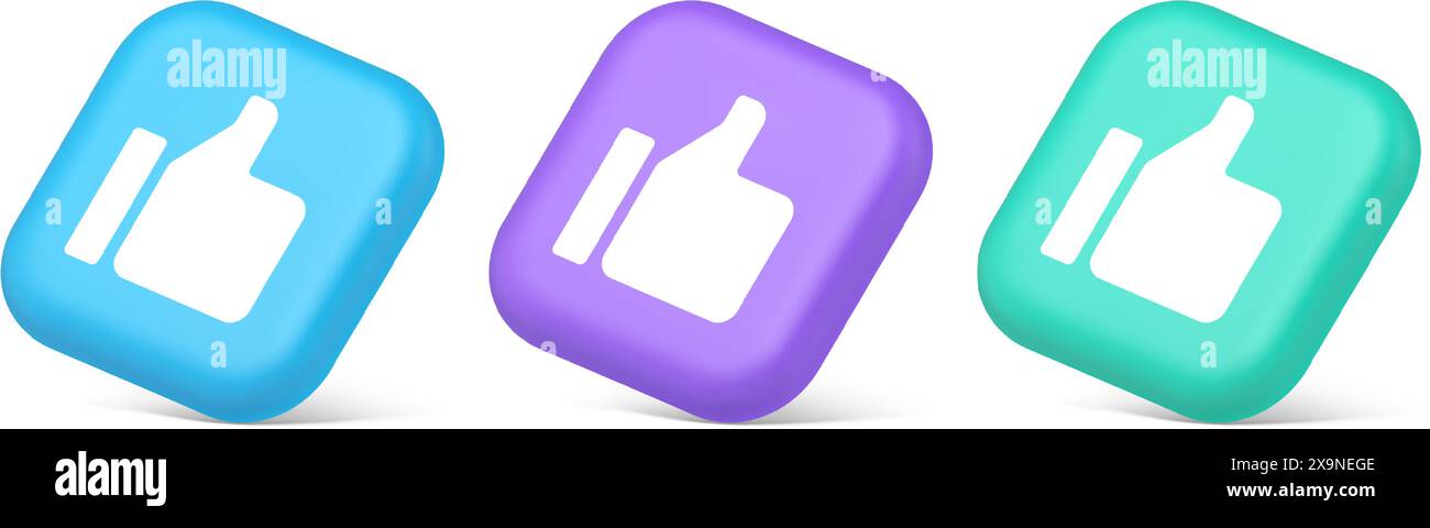 Daumen hoch wie cool Button Cyberspace Akzeptanzkommunikation genehmigen 3D realistische blaue lila und grüne Symbole. Gute Bewertung Webseite tolles Symbol blo Stock Vektor