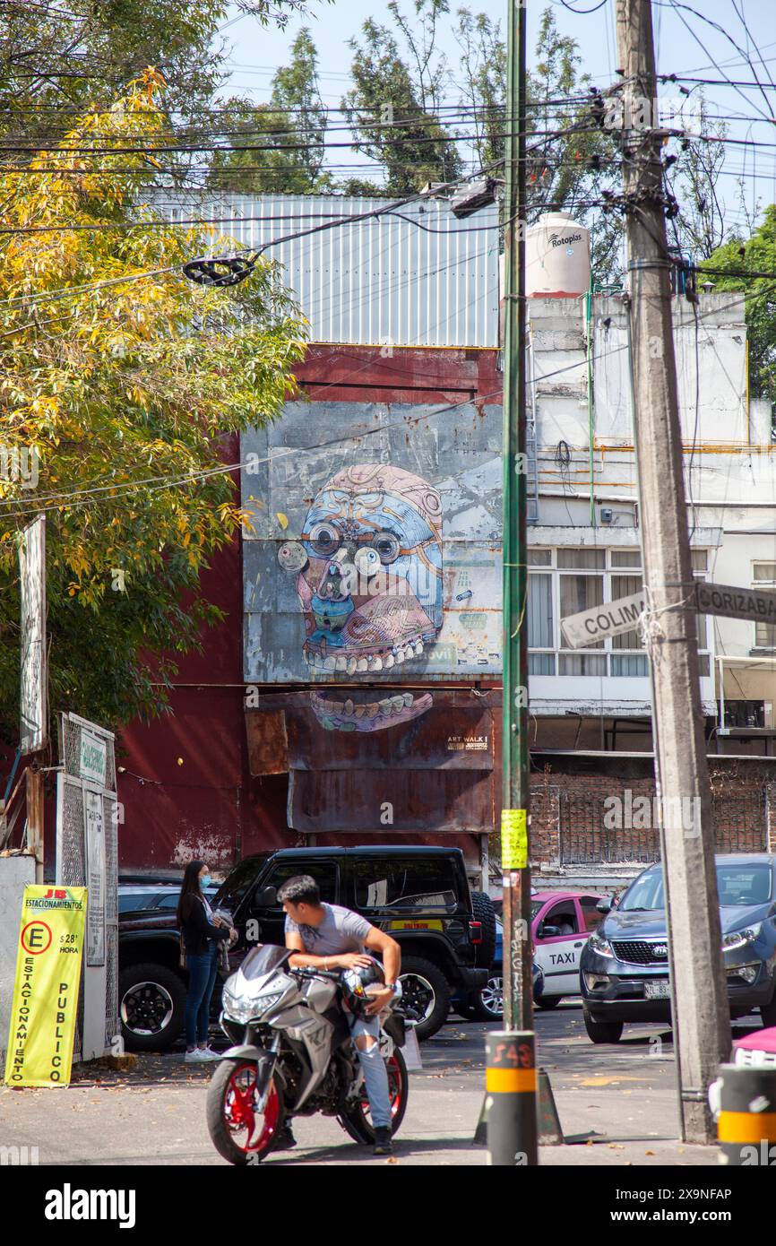 Graffiti-Fototapete auf dem Parkplatz an der Kreuzung von Calle Orizaba und Colima in Mexcio City, Mexcio Stockfoto