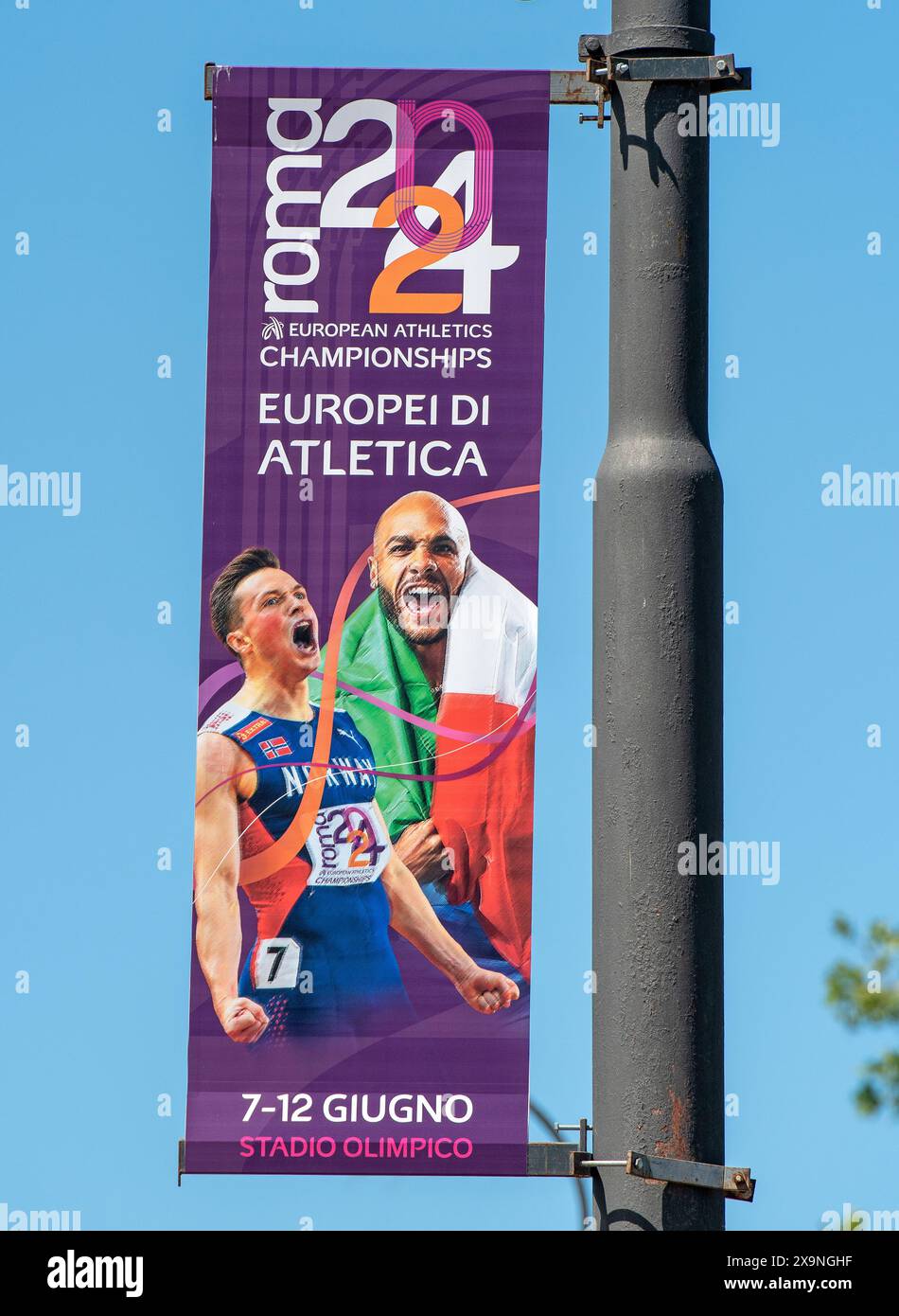 Werbebanner für Leichtathletik-Europameisterschaften 2024 in Rom, Latium, Italien Stockfoto