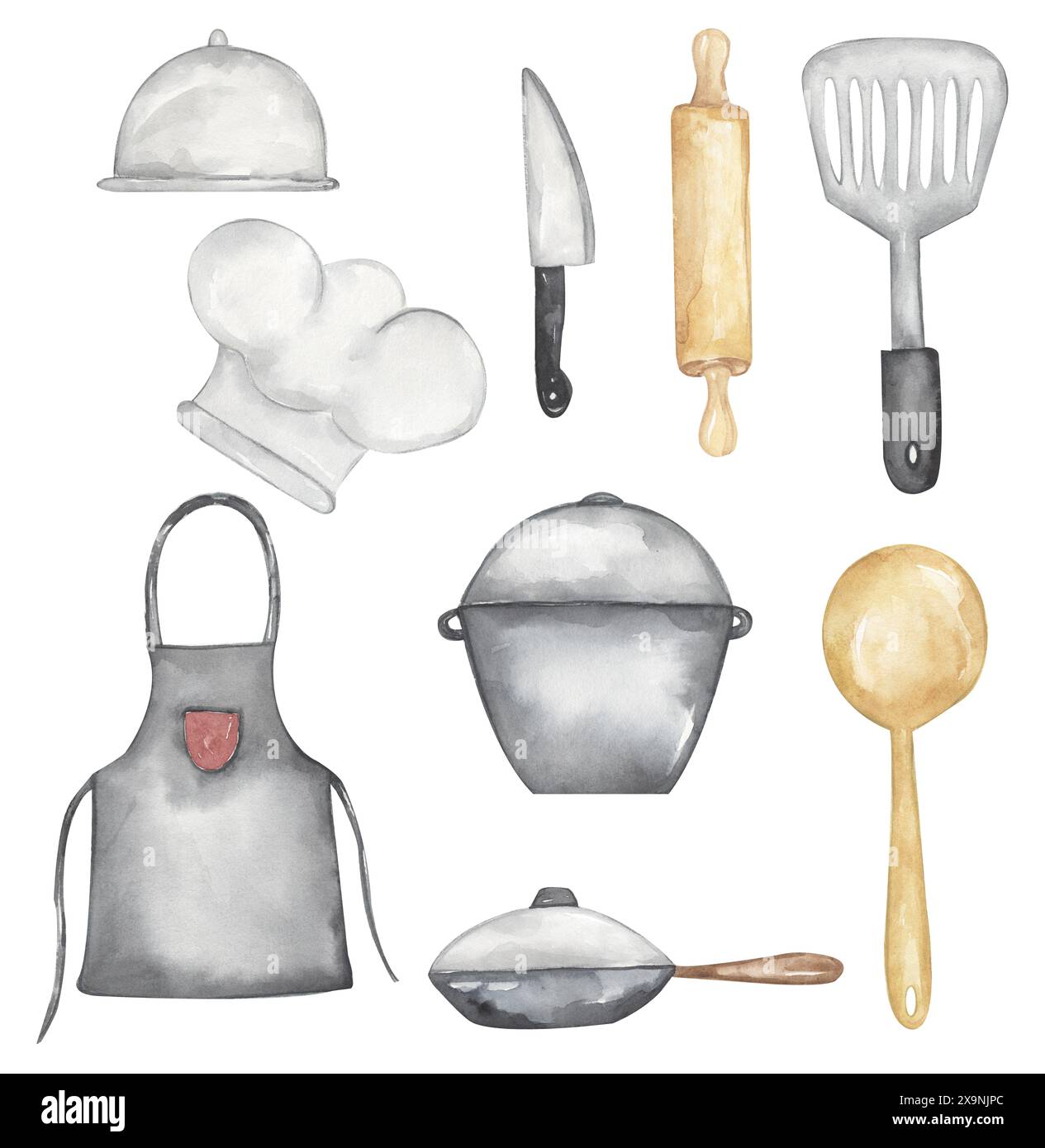 Aquarell Utensilien Illustration Set, Pfanne, Messer, Spachtel, Schürze, Restaurantcloche, Kochmütze, Küchentopf, handgezeichnete Schaufel-Illustration. Kinder sch Stockfoto