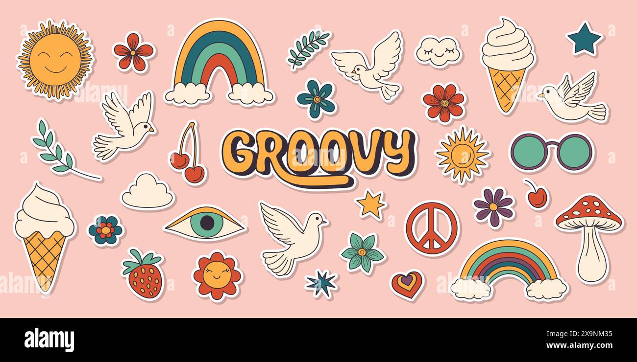 Vector Vintage Groovy Icons, Design-Elemente für Poster, Sticker Design. Retro-Symbol im Hippie-Stil der 70er Jahre, Pilz, Blumen, Auge, Anti-Kriegs-Frieden Stock Vektor