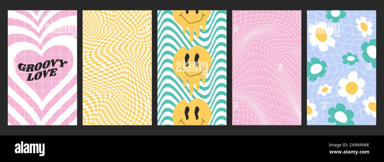 Schachbretter mit verzerrter Rasteranordnung. Kariertes nahtloses, verdrehtes Muster im psychedelischen y2k-Stil. Verzerrte Schachbretter, vertikale Poster mit groovigen Blumen, glückliches tropfendes Lächeln, rosa Herz Stock Vektor