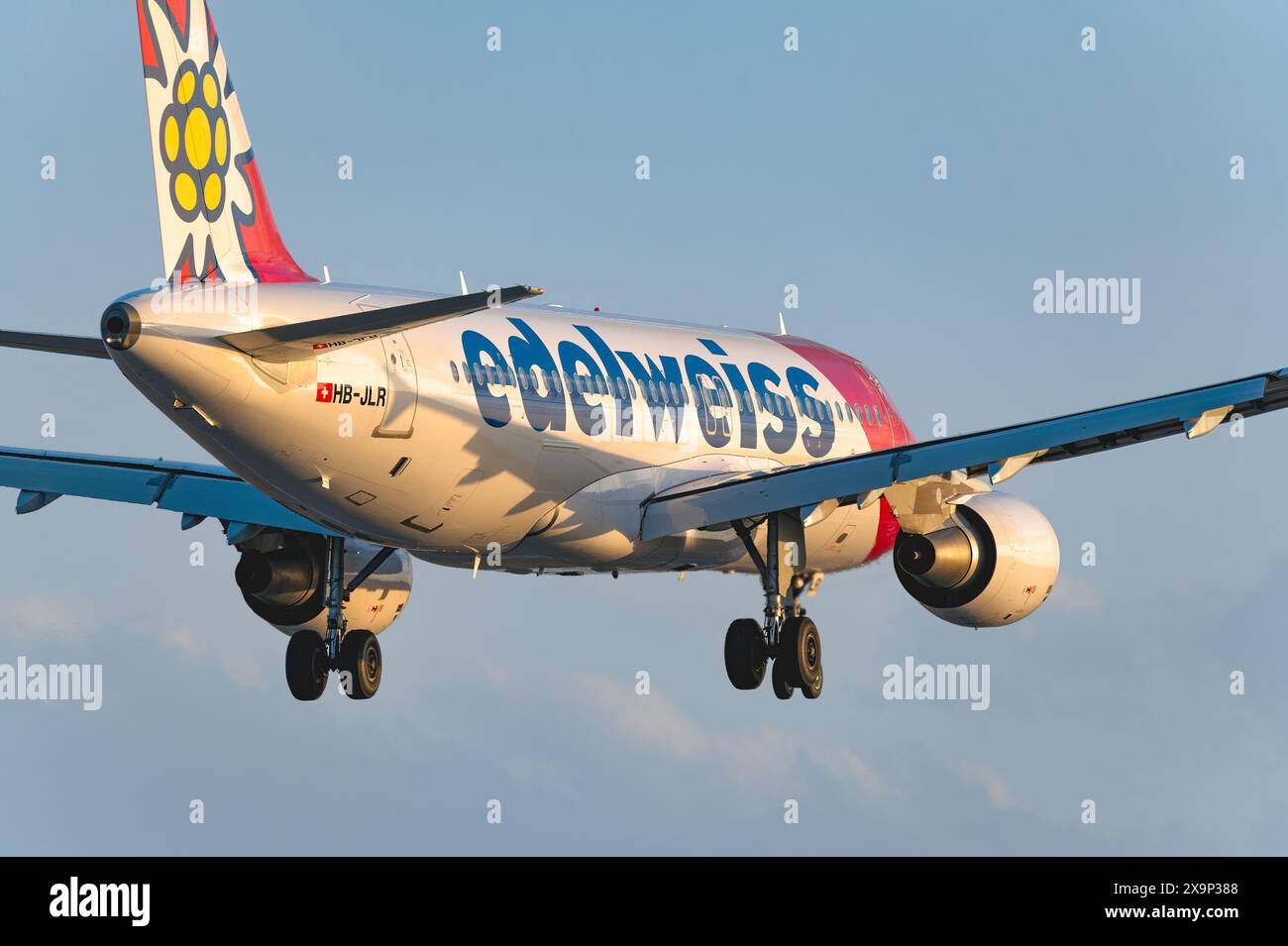 Larnaca, Zypern - 24. Mai 2024: Airbus A320-214 eines Düsenflugzeugs der Edelweiss Air Airlines eroberte die Luft mit klarem blauem Himmel Stockfoto