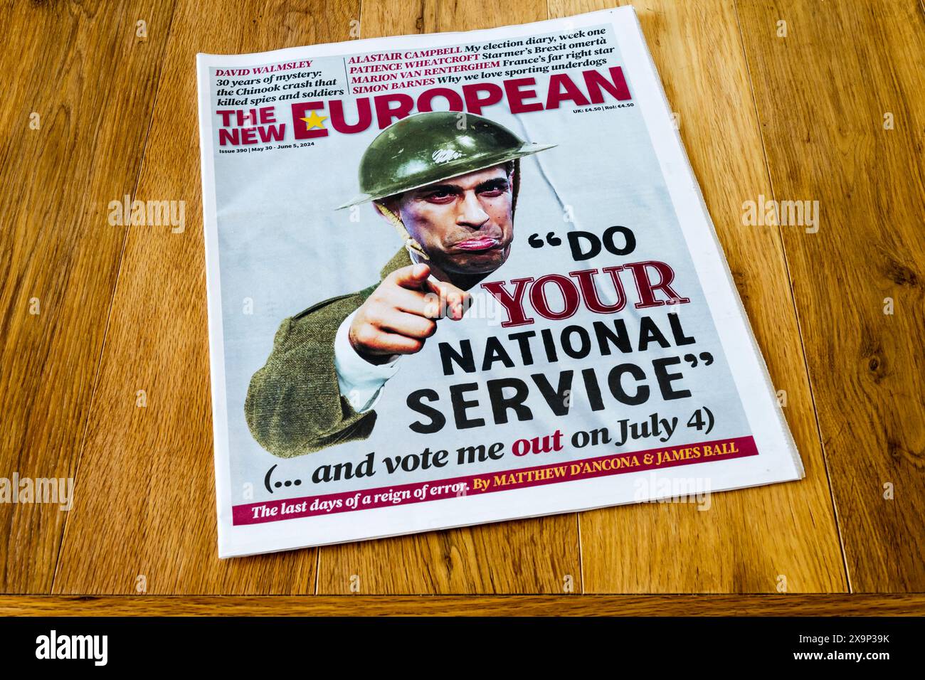 Mai 30 2024. Auf der Titelseite der neuen europäischen Zeitung ist Rishi Sunak als Rekrutierungs-Sergeant mit der Nachricht Do Your National Service (... und Stimme mich am 4. Juli ab). Stockfoto