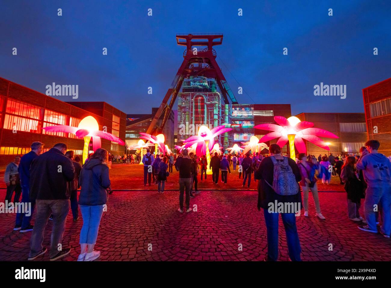Extraschicht, die lange Nacht der Industriekultur, Kulturfest quer durch das Ruhrgebiet, 35 Spielorte in 19 Städten, hier Leuchtende Blumen Illumination an der Zeche Zollverein in Essen, Doppelbock Fördergerüst Schacht 12, NRW, Deutschland, Extraschicht Zollverein *** Extraschicht, die lange Nacht der Industriekultur, Kulturfestival im Ruhrgebiet, 35 Veranstaltungsorte in 19 Städten, hier leuchtende Blumen in der Zeche Zollverein in Essen, Doppelbock Pithead Wickelturm Schacht 12, NRW, Deutschland, Extraschicht Zollverein Stockfoto