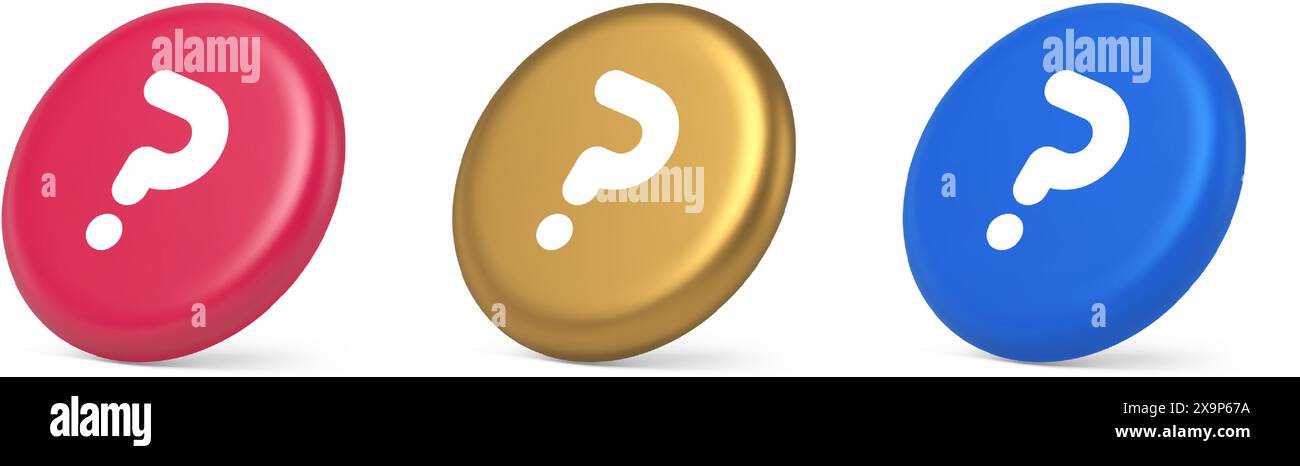Fragezeichen Schaltfläche Hinweis Achtung Antwort FAQ Punkt Internet-Info Support 3D realistische Rosa Gold Blau Symbole. Lösungshilfe Ideenhilfe Information Stock Vektor