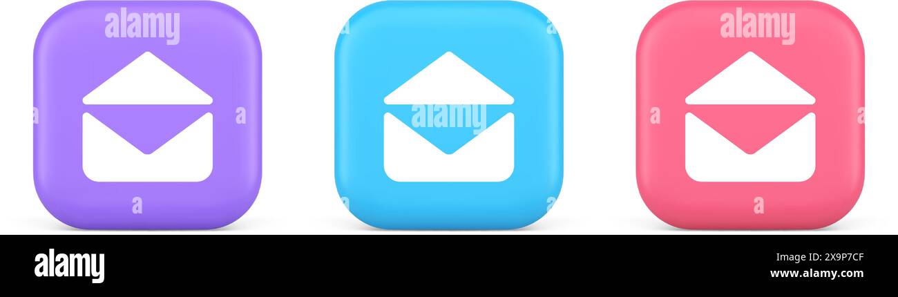 E-Mail Briefumschlag öffnen Brief eingehende Nachricht erhalten Schaltfläche 3D realistische lila blaue und rosa Symbole. E-Mail-Kontakt-Korrespondenz Newsletter-Notificati Stock Vektor