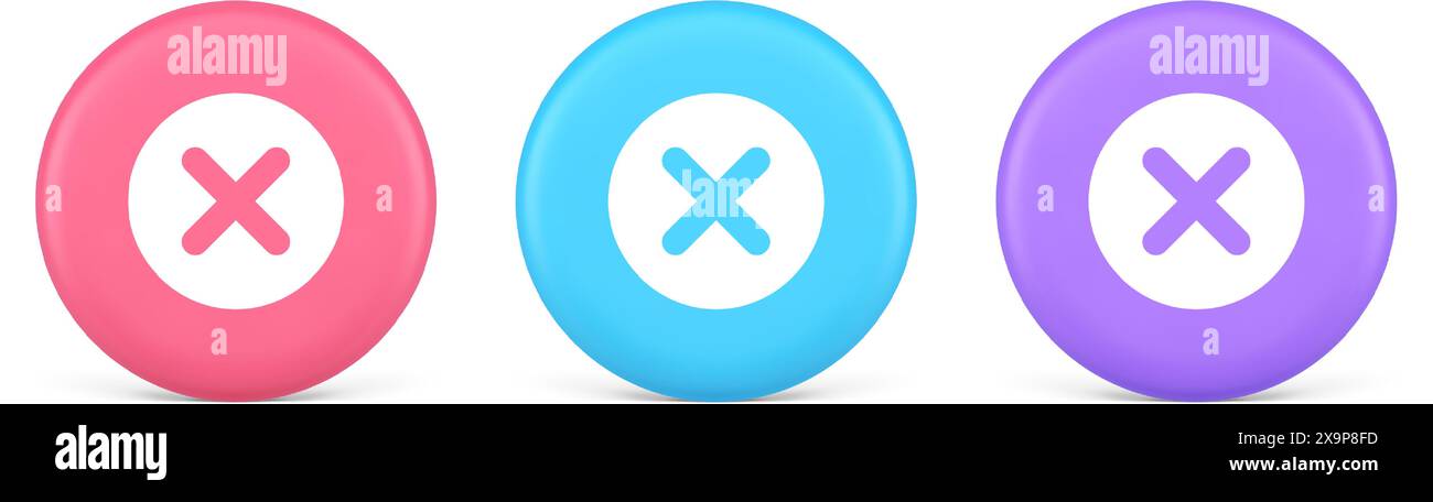 Kreuzschaltfläche Abbrechen Ablehnen negativ Verbotener Fehler 3D realistische rosa blaue und lila Symbole. Deklariertes Entfernen von Sperre mit falschem Bezeichner Benutzer inte Stock Vektor