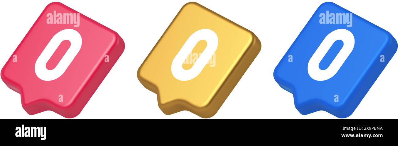 Digitales Zeichen mit Null-Zeichen-Taste für mathematische Zählung Cyberspace-Kommunikation 3D realistische Sprechblase blau-goldene und rosa Symbole. Null BASIC c Stock Vektor
