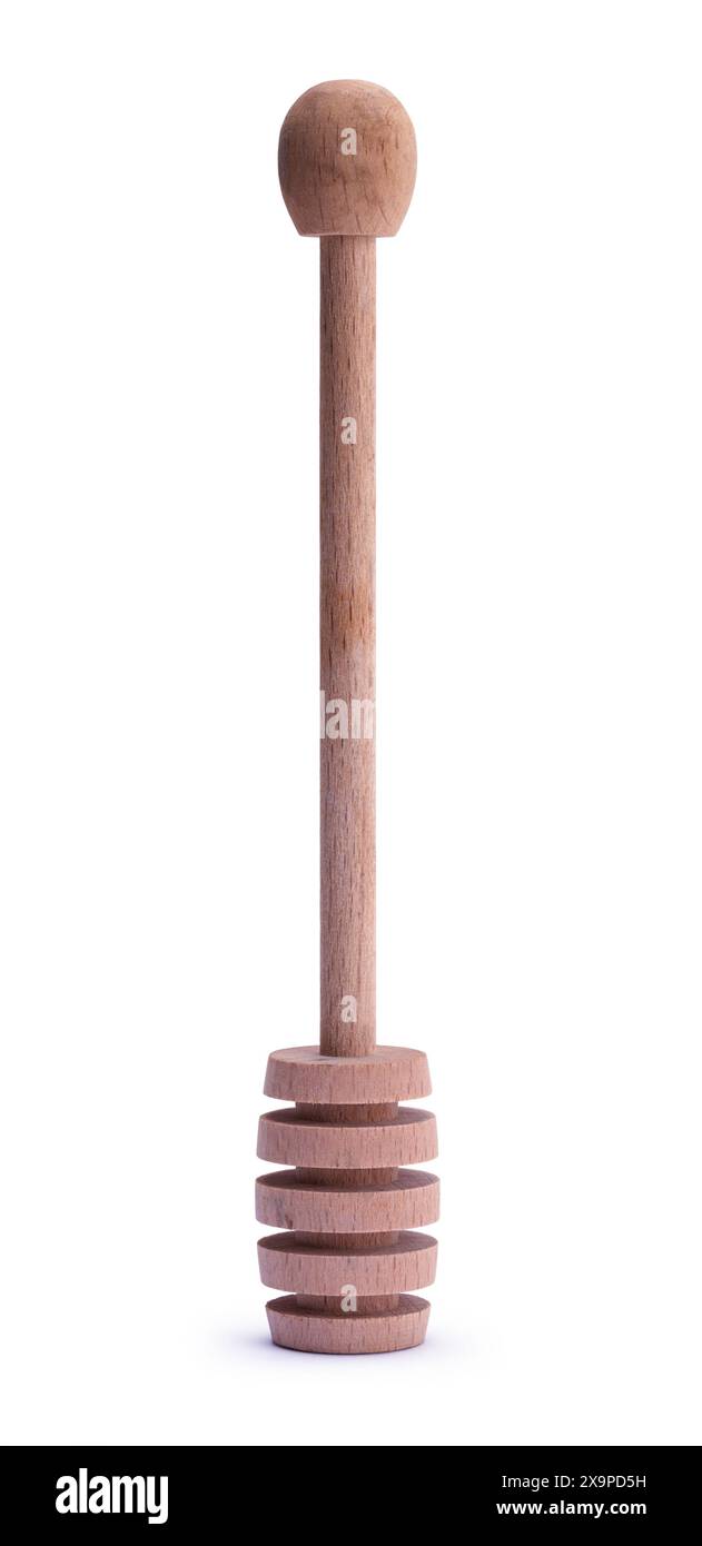 Holz-Honig-Dipper auf weiß geschnitten. Stockfoto