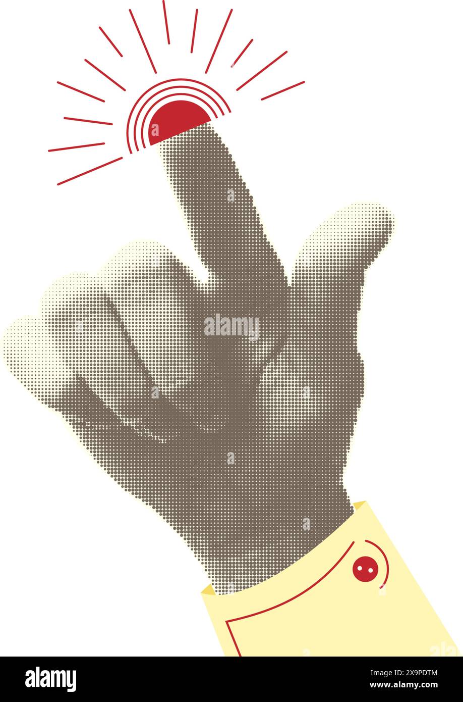 Collage-Halbtonelemente mit zeigenden Händen und Doodle-Knöpfen. Finger-Geste berühren, klicken, tippen. Formen ausschneiden, . Modernes, trendiges Vintage-Design Stock Vektor