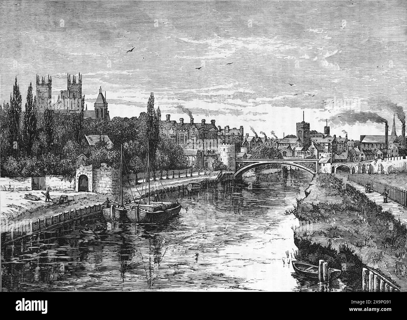 Die Stadt York vom Fluss Ouse, wie sie im späten 19. Jahrhundert erschien. Schwarz-weiß-Illustration aus unserem eigenen Land Band III, veröffentlicht von Cassell, Petter, Galpin & Co. Im späten 19. Jahrhundert. Stockfoto