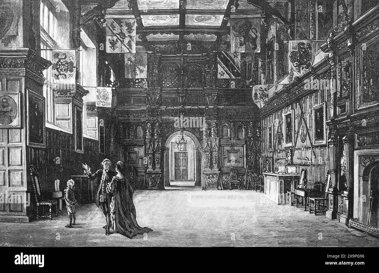 The Hall, Audley End House im späten 19. Jahrhundert. Schwarz-weiß-Illustration aus unserem eigenen Land Band III, veröffentlicht von Cassell, Petter, Galpin & Co. Im späten 19. Jahrhundert. Stockfoto