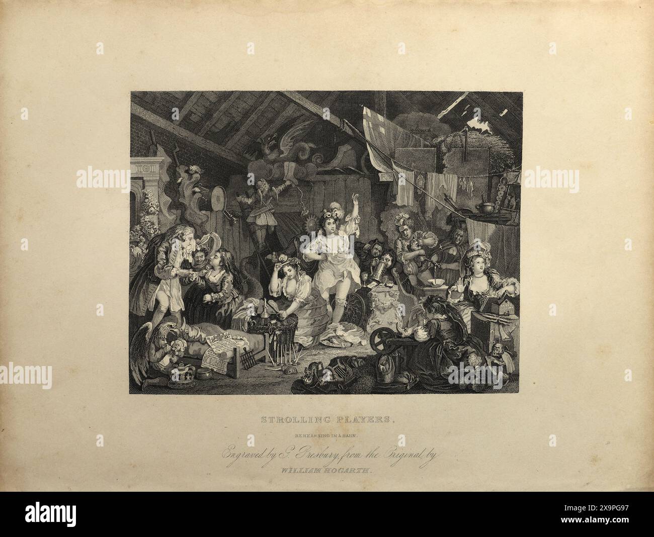 Schwarz-weiß-Illustration: „Spashing Players, die in einer Scheune Proben“. Gravur nach William Hogarth (1697–1764): The Stolling Players Stockfoto