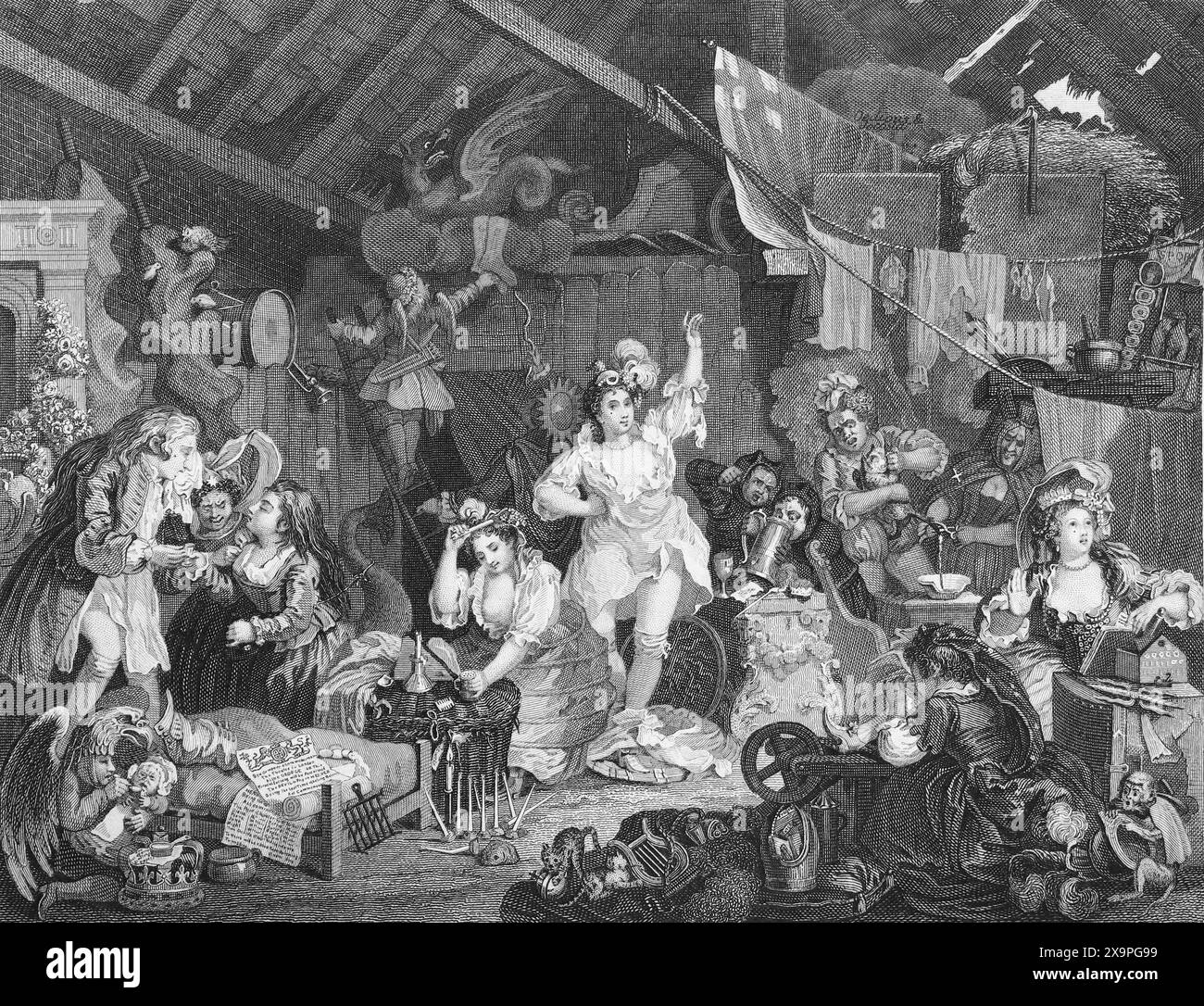 Schwarz-weiß-Illustration: „Spashing Players, die in einer Scheune Proben“. Gravur nach William Hogarth (1697–1764): The Stolling Players Stockfoto