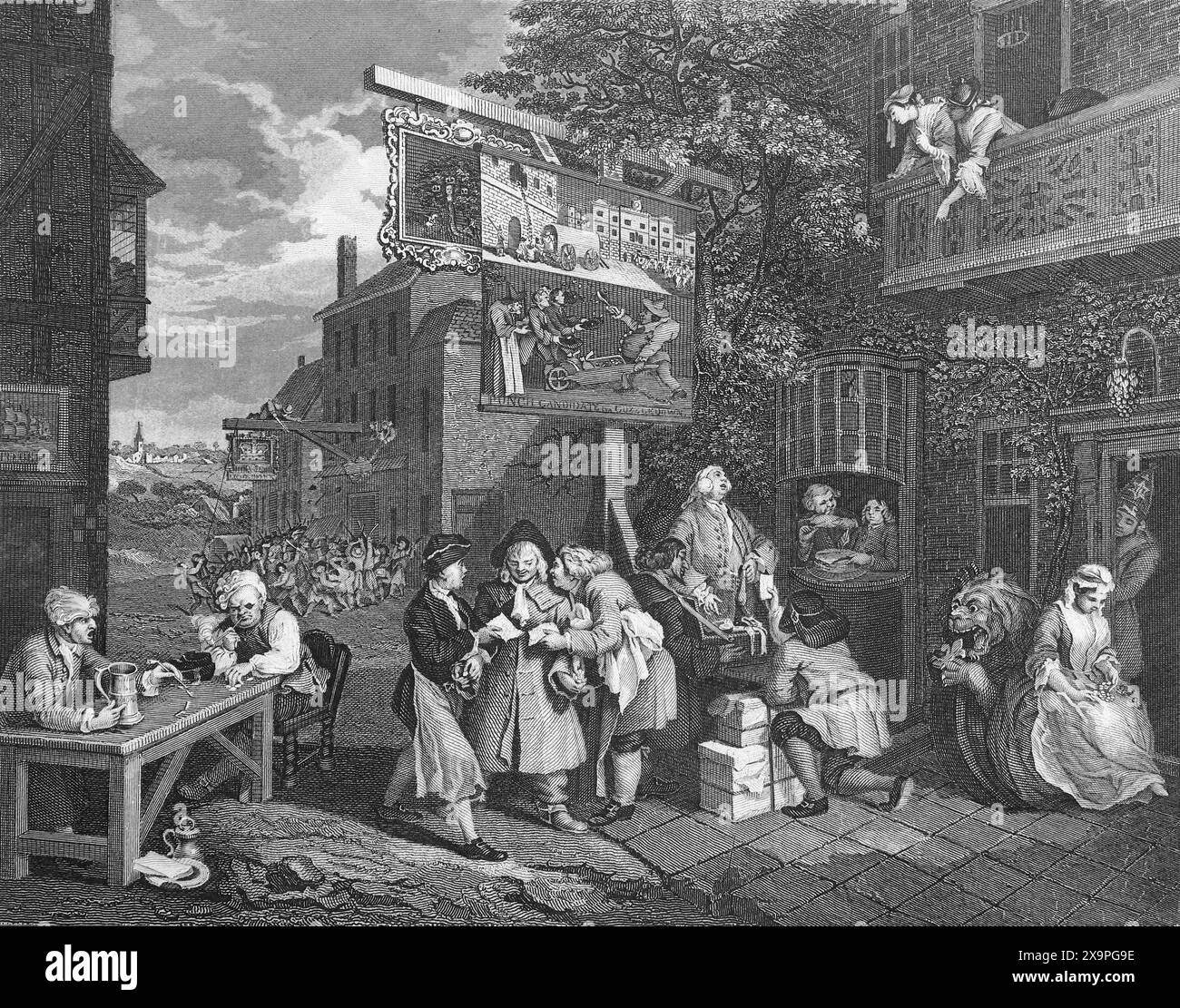 Schwarz-weiß-Illustration: "Kandidat für Stimmen". Stich nach William Hogarth (1697–1764) aus seiner Serie „The Election“ Stockfoto