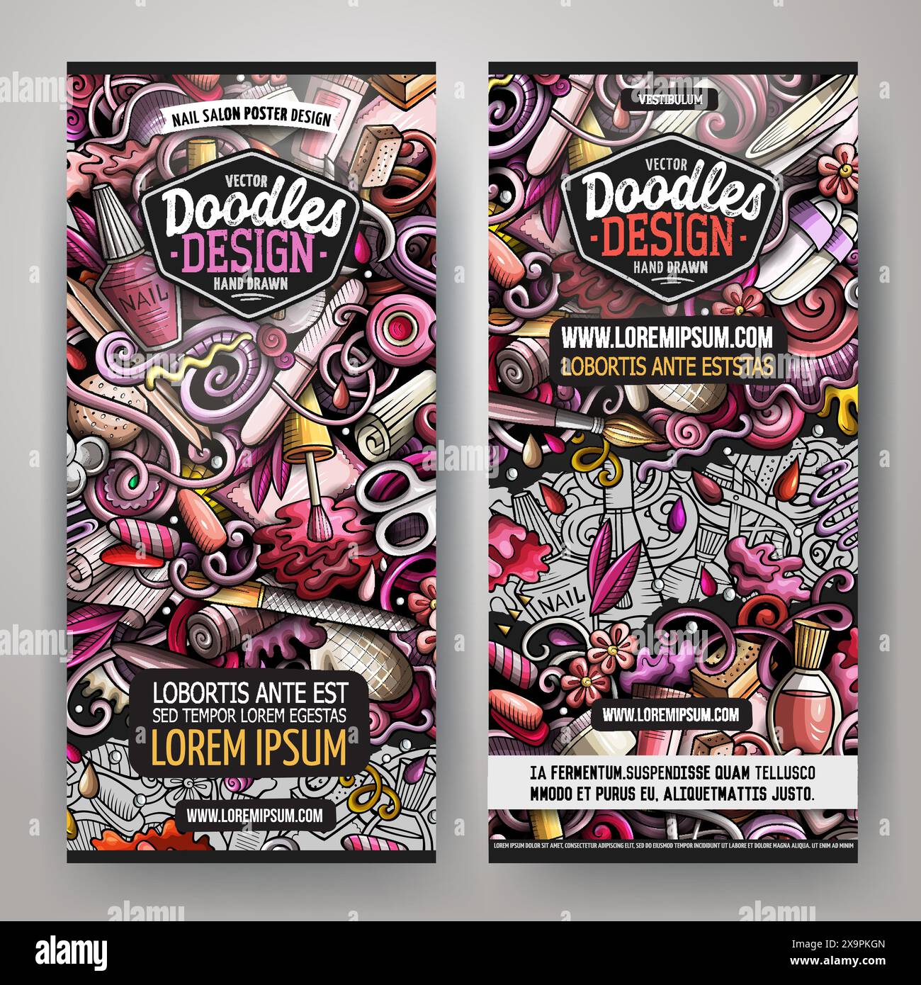 Zeichentrickvektor Kritzelsatz von Nail Salon Banner Vorlagen. Corporate Identity für Einladungen, Karten, Apps, Branding, Flyer, Grußkarte Stock Vektor