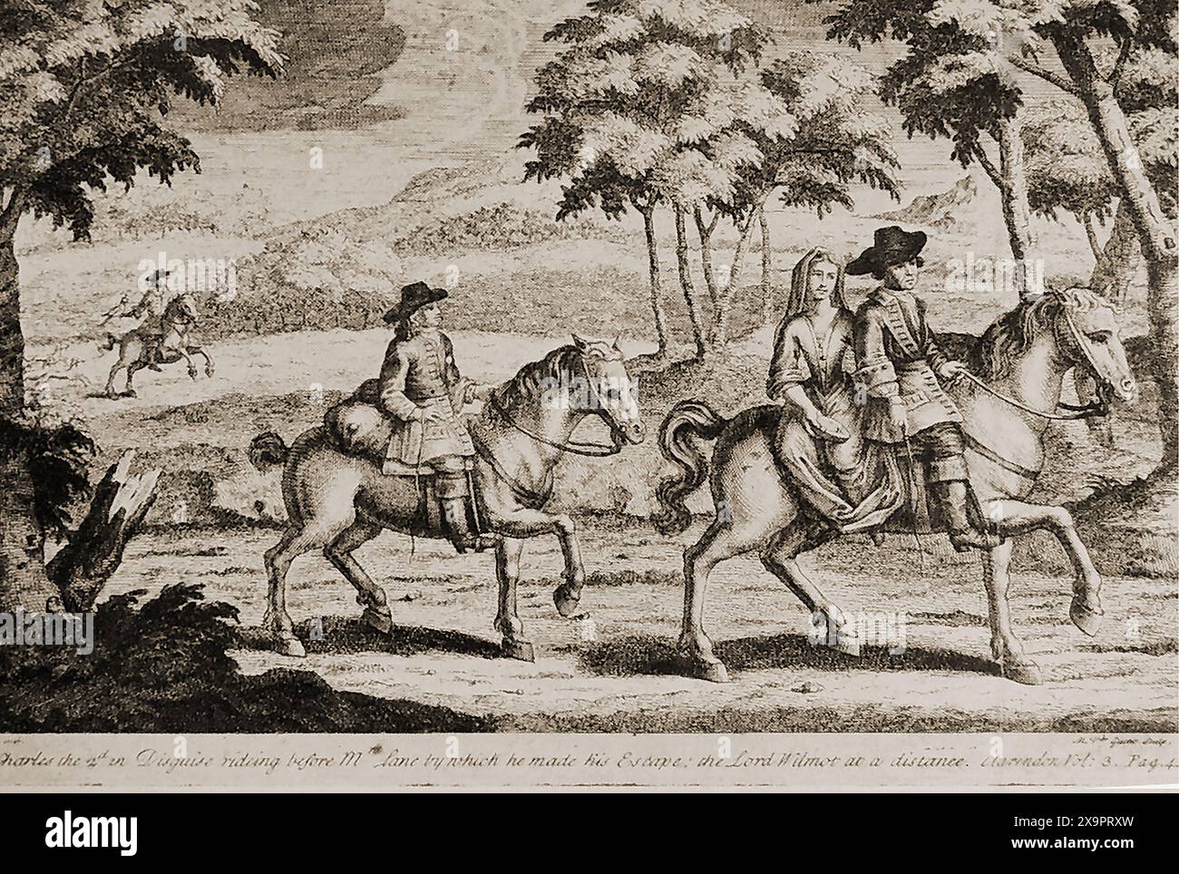 König Karl II. Von Großbritannien in Verkleidung mit Falken und Hunden auf dem Weg von Bentey Hall. Oder Bentley Hall mit Jane Lane (Lady Fisher), die während der Flucht von Karl II. Im Jahr 1651 nach der Schlacht von Worcester im Seitensattel reitet. Mit ihm verkleidet als sein Diener, von Staffordshire bis Somerset. Stockfoto