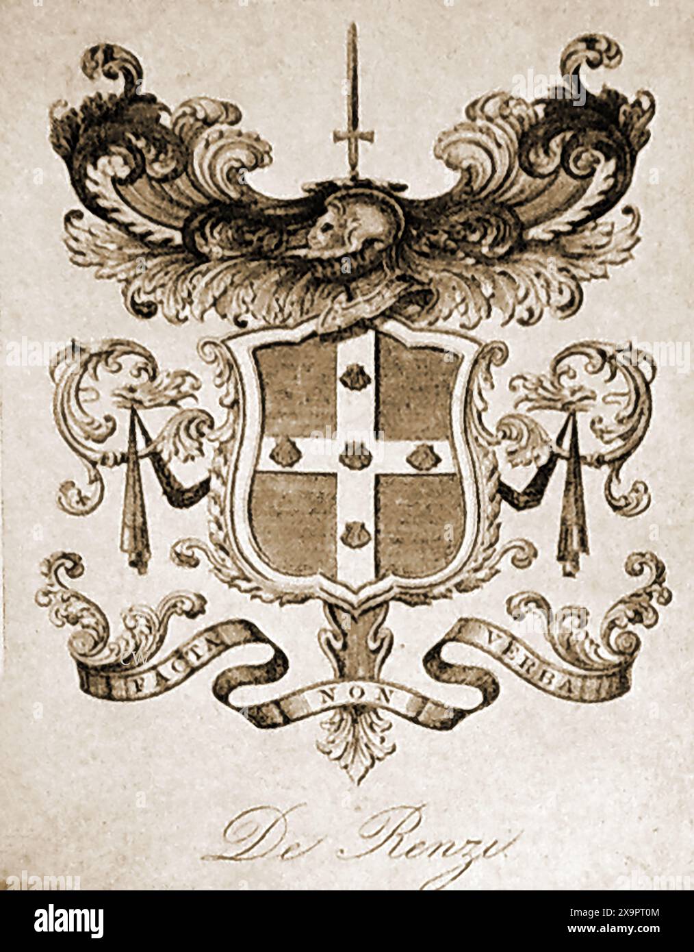 Das Wappen der Familie de Renzi von Irland (abstammte von George Castriot).t XV. Cthe Enury Prince of Epirus (heutiges Griechenland) - auch bekannt als Scanderbeg oder Iskandar - Geburtsname Gjergj Kastrioti (ca. 1405–1468),. Er war Feudalherrn von Albanien und Militärkommandeur. Stockfoto