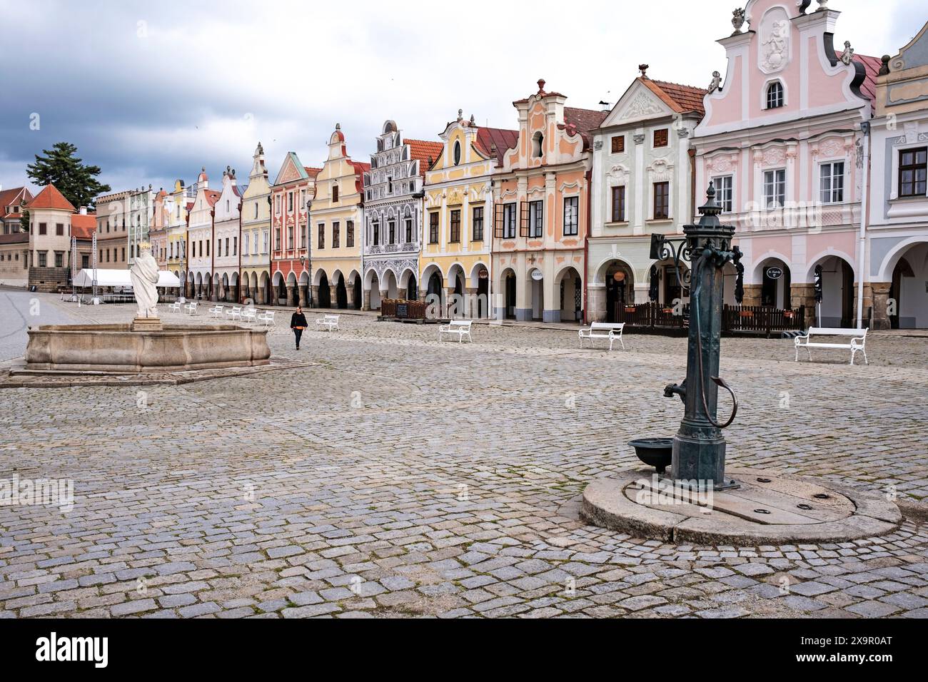 Renaissance- und Barockhäuser, Zachariáš des Hradec-Platzes, Telč, Bezirk Jihlava in der Region Vysočina in der Tschechischen Republik Stockfoto