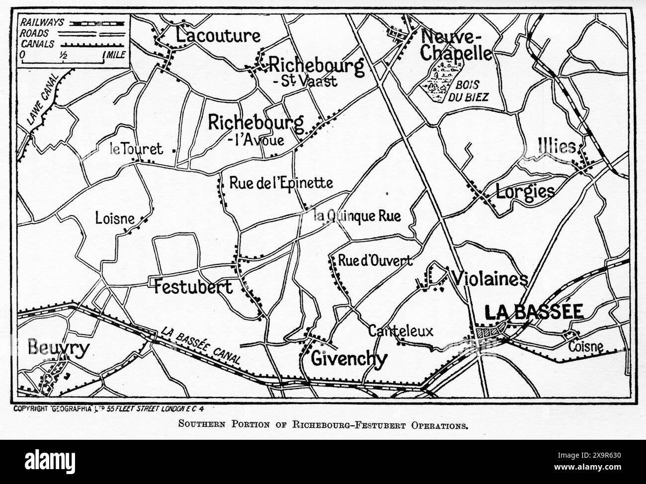 Karte des südlichen Teils der Richebourg-Festubert-Operationen während des Ersten Weltkriegs. Aus der britischen Kampagne in Frankreich und Flandern von Arthur Conan Doyle, 1915. Stockfoto