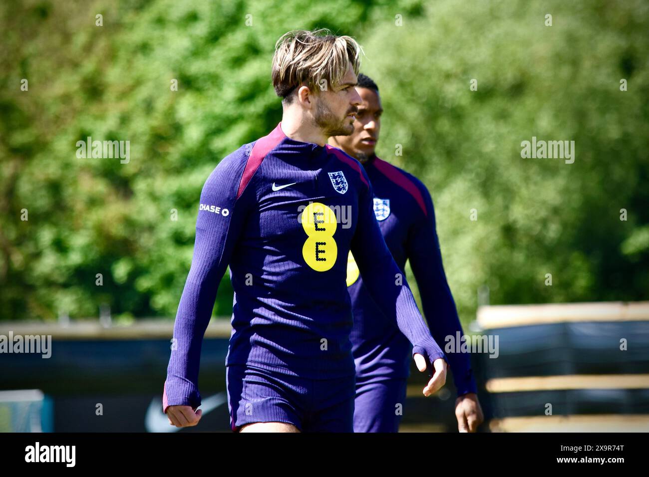 Darlington, Großbritannien. Juni 2024. Jack Grealish stellte sich vor, wie Gareth Southgate im Rockliffe Park in Middlesbrough vor dem Spiel gegen Bosnien-Herzegowina im Rahmen der Vorbereitungen für die UEFA-Europameisterschaft trainiert. Anschließend wurde er aus dem letzten Kader ausgeschlossen. Quelle: James Hind/Alamy. Stockfoto