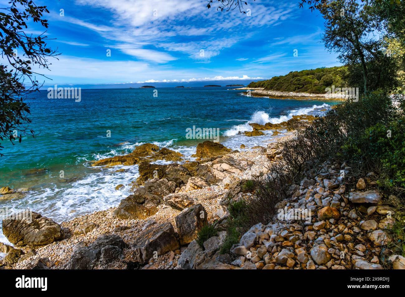 Leere felsige Strände, die für Touristen nicht zugänglich sind, an der istrischen Küste in Kroatien, im Sommer in der Nähe von Rovinj Stockfoto