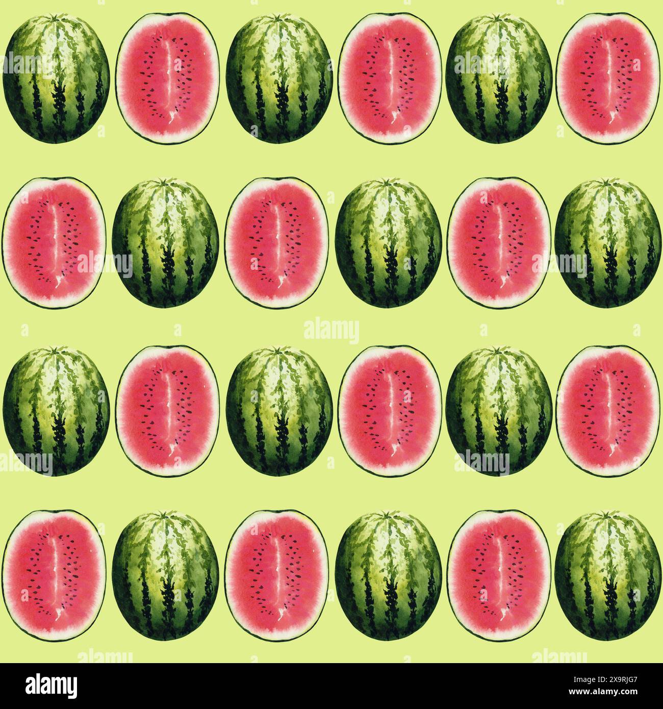 Wassermelonen nahtloses Muster, handgezeichnete Aquarellillustration isoliert auf grünem Hintergrund. Für die Gestaltung von Sommerpostkarten, Grußkarten Stockfoto