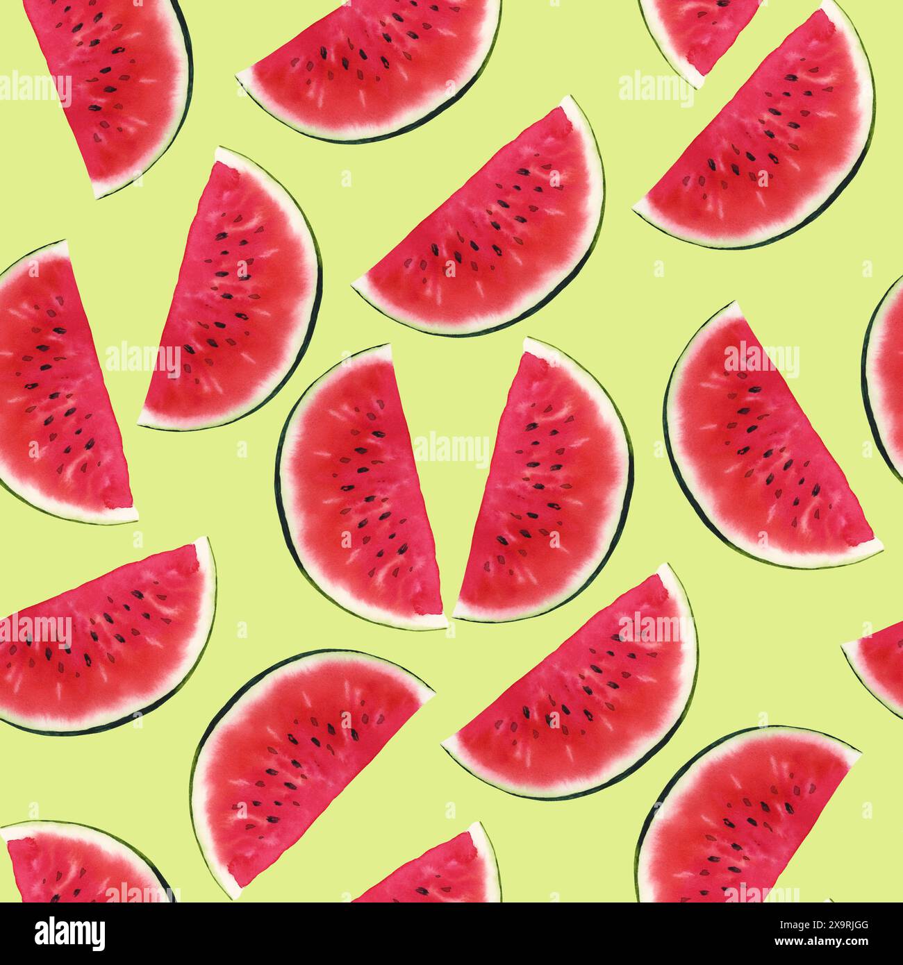 Wassermelonen nahtloses Muster, handgezeichnete Aquarellillustration isoliert auf grünem Hintergrund. Für die Gestaltung von Sommerpostkarten, Grußkarten Stockfoto