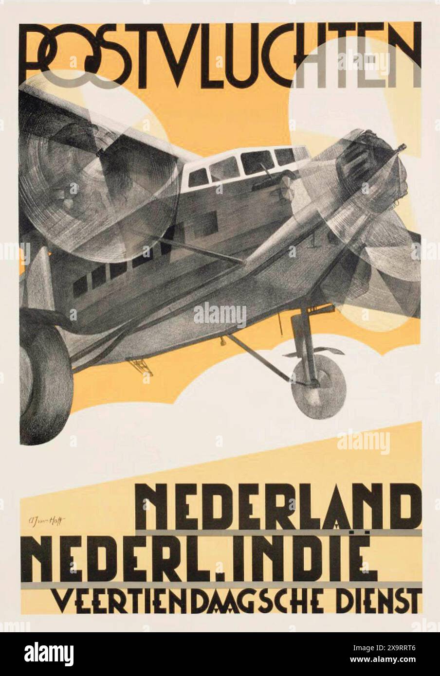 Vintage Aviation Poster: POSTFLÜGE von den Niederlanden zu den Kolonien. Von Adriaan Van 't Hoff Stockfoto