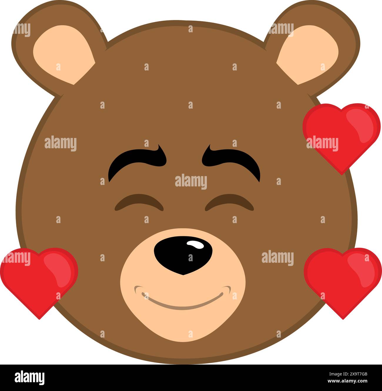 Vektor-Illustration Gesicht brauner Bär Grizzly Cartoon, mit einem Freude und Liebe Ausdruck, umgeben von Herzen Stock Vektor