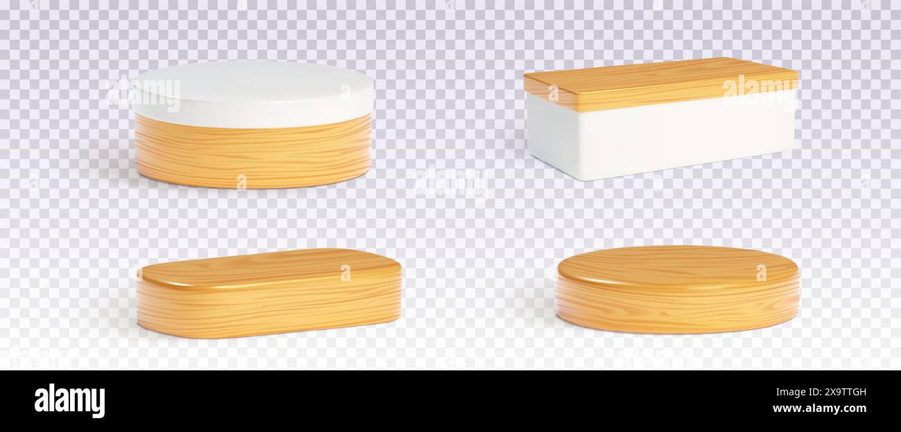 Rundes und rechteckiges Podium aus Holz mit Schatten auf transparentem Hintergrund. Realistische 3D-Vektor-Illustration Set aus Zylinder- und Würfelware-Display-Plattform und Sockel zur Präsentation. Stock Vektor