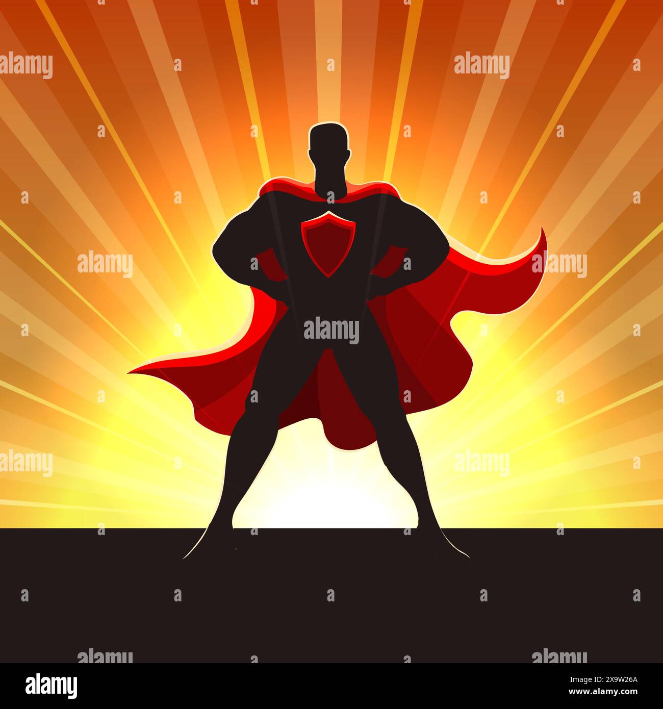 Superheld männliche Silhouette in rotem Cape, stehend in Lichtstrahlen. Vektorabbildung. Es wurde keine AI-Software verwendet. Stock Vektor