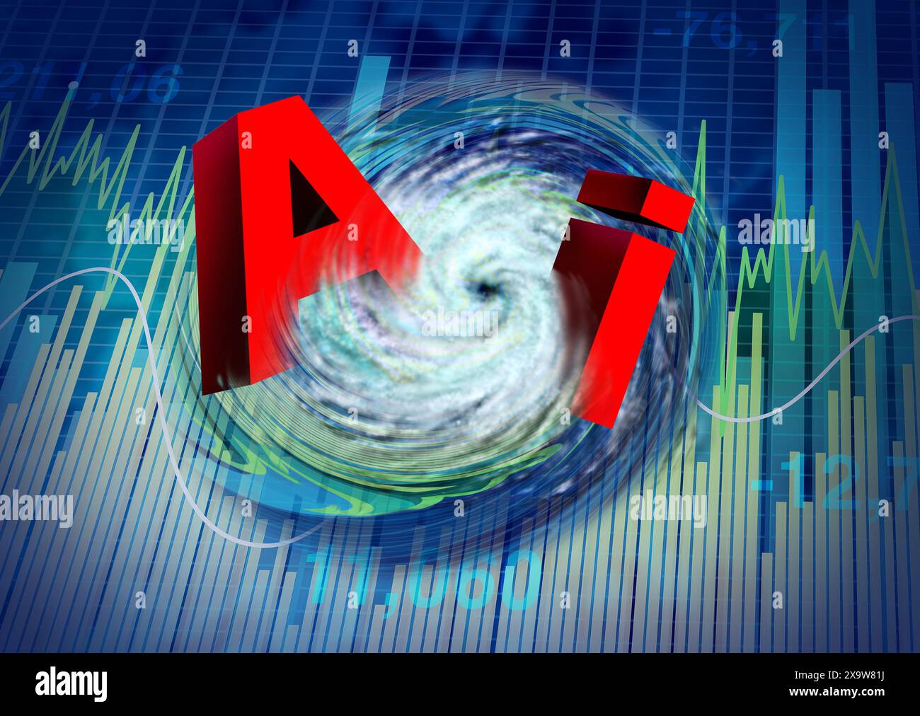 KI-Marktstörungen und künstliche Intelligenz verändern den Aktienmarkt und verursachen eine neue Krise oder Finanzturbulenzen als Investitionsherausforderung Stockfoto