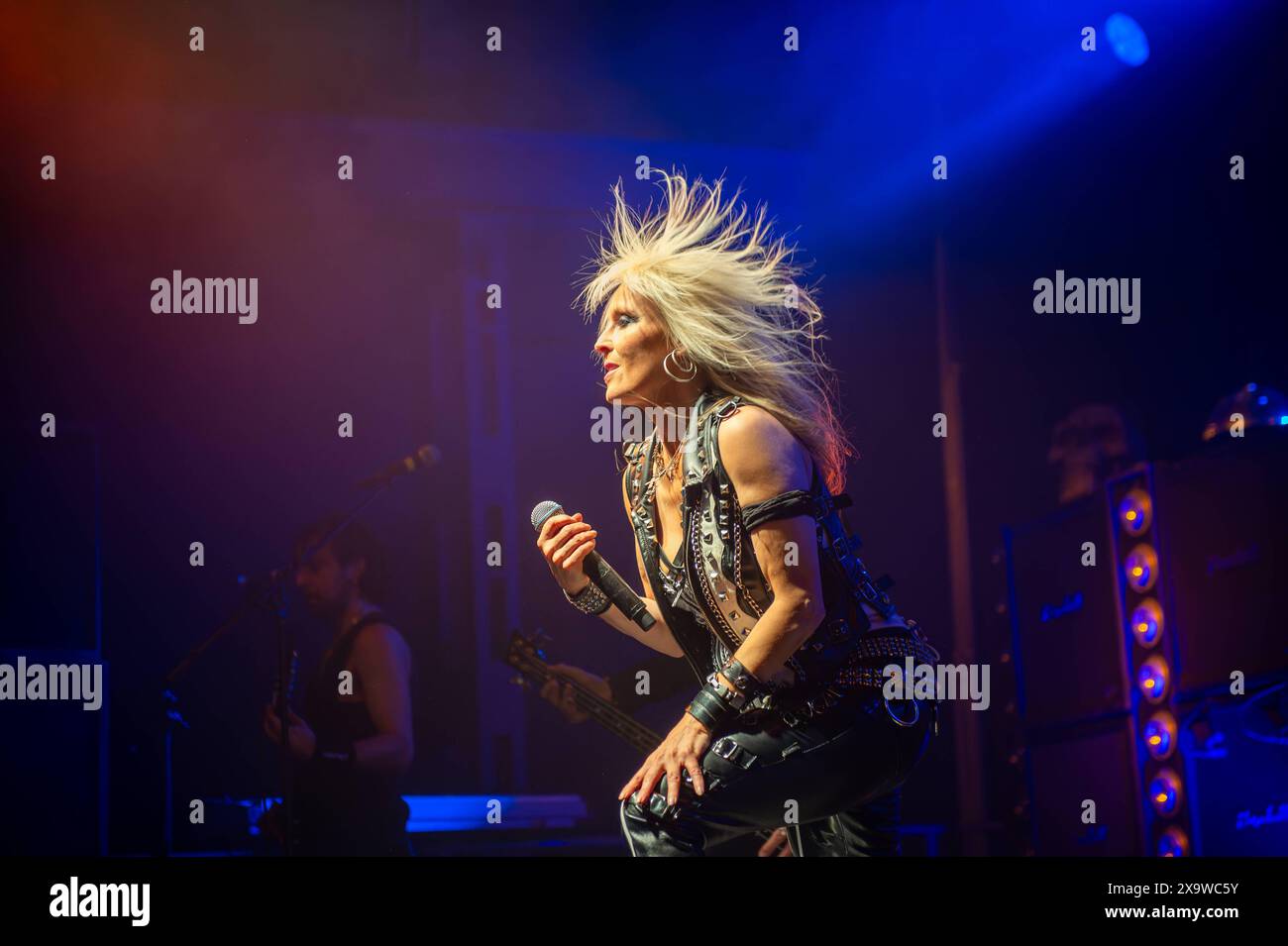 Doro Pesch live in Konzert, Deutschland, Rheinland-Pfalz, Speyer, Halle 101, 13.05.2014, Doro Pesch, die berühmte Metal-Sängerin, Performt auf der Bühne in energischer Pose mit einem Mikrofon in der Hand. Das Bild zeigt ihre intensive Bühnenpräsenz und den typischen Metal-Gestus. Sie werden am 03. Juni 2024 60 Jahre alt. *** Doro Pesch live in Concert , Deutschland, Rheinland Pfalz, Speyer, Halle 101, 13 05 2014 spielt Doro Pesch, die berühmte Metal-Sängerin, mit einem Mikrofon in der Hand auf der Bühne in einer energischen Pose das Bild zeigt ihre intensive Bühnenpräsenz und die typische Metal-Geste She Wil Stockfoto