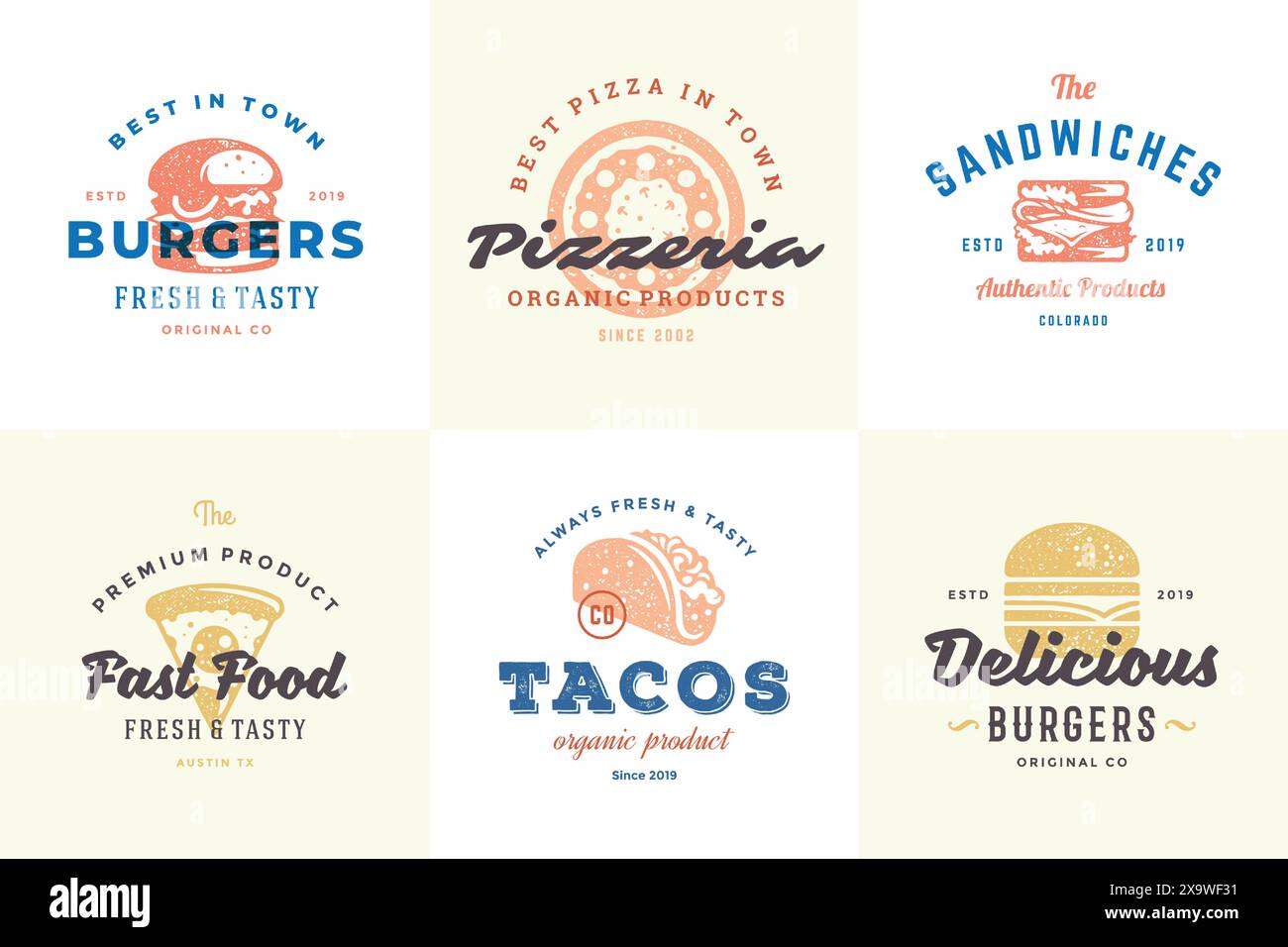 Handgezeichnete Fast Food Logos und Etiketten mit moderner Vintage Typografie Retro Stil Set Vektor Illustration. Burger, Pizza und Hot Dog Silhouetten für ca. Stock Vektor
